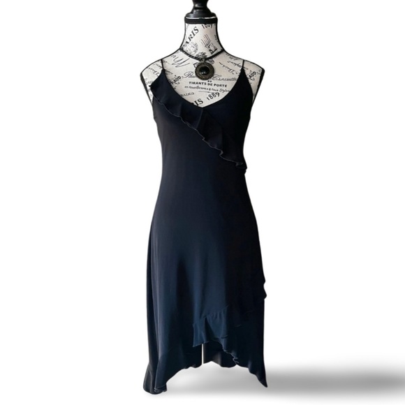 Black Asymmetrical Ruffle Midi Dress S Y2K 90s sleek minimalist - Picture 1 of 6